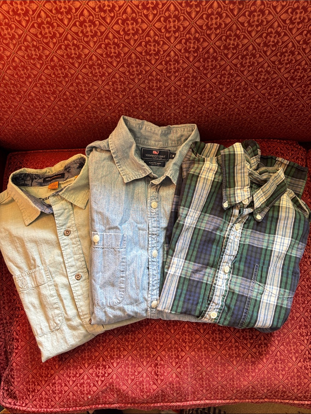 Three Casual Button-Up Shirts - Light Blue, Chambray, Green Plaid
